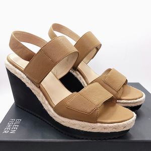Eileen Fisher Maxi Brown Chestnut Leather Wedge Heel Espadrille Sandals Size 8.5